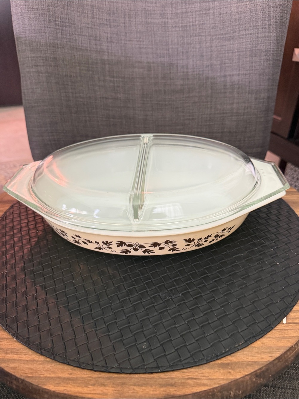 Pyrex Divided Casserole/Serving  Cream Color with Black Floral Pattern